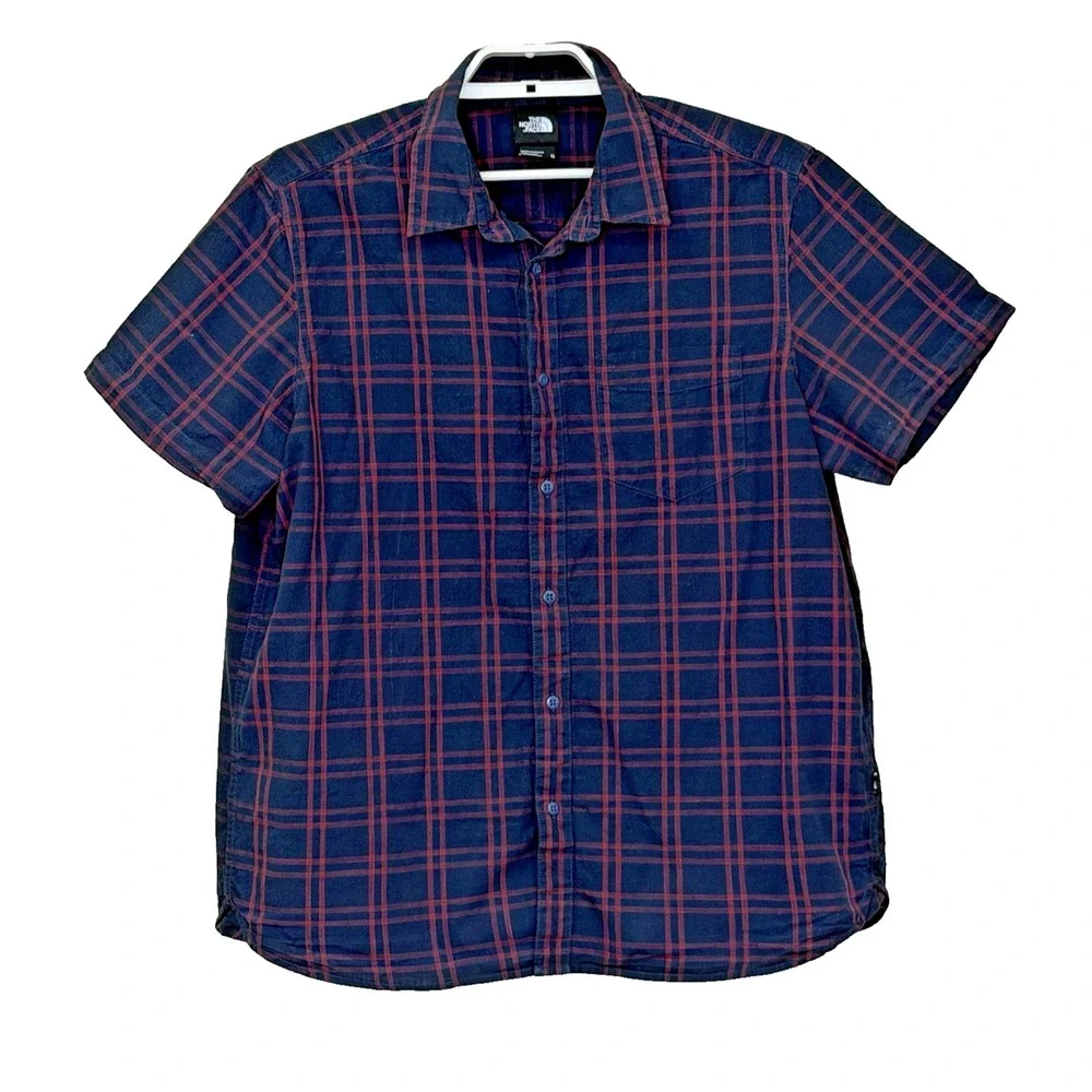 The North Face Button Front Shirt Mens Size XL Dark Blue Red Plaid Short Sleeve